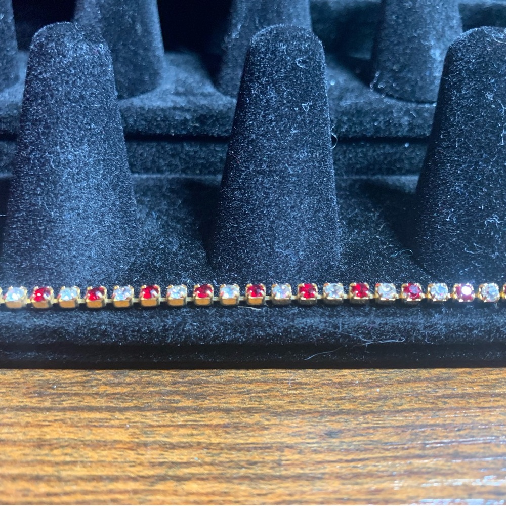 Red and Clear Tennis Bracelet - Gold Tone
